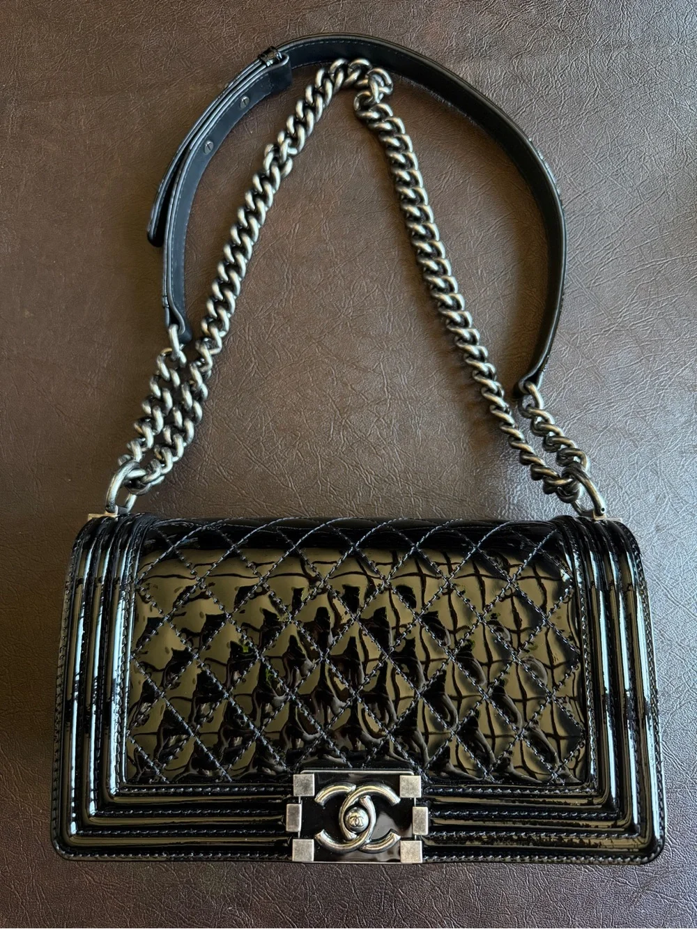 CHANEL Quilted Black Patent Medium Boy Bag